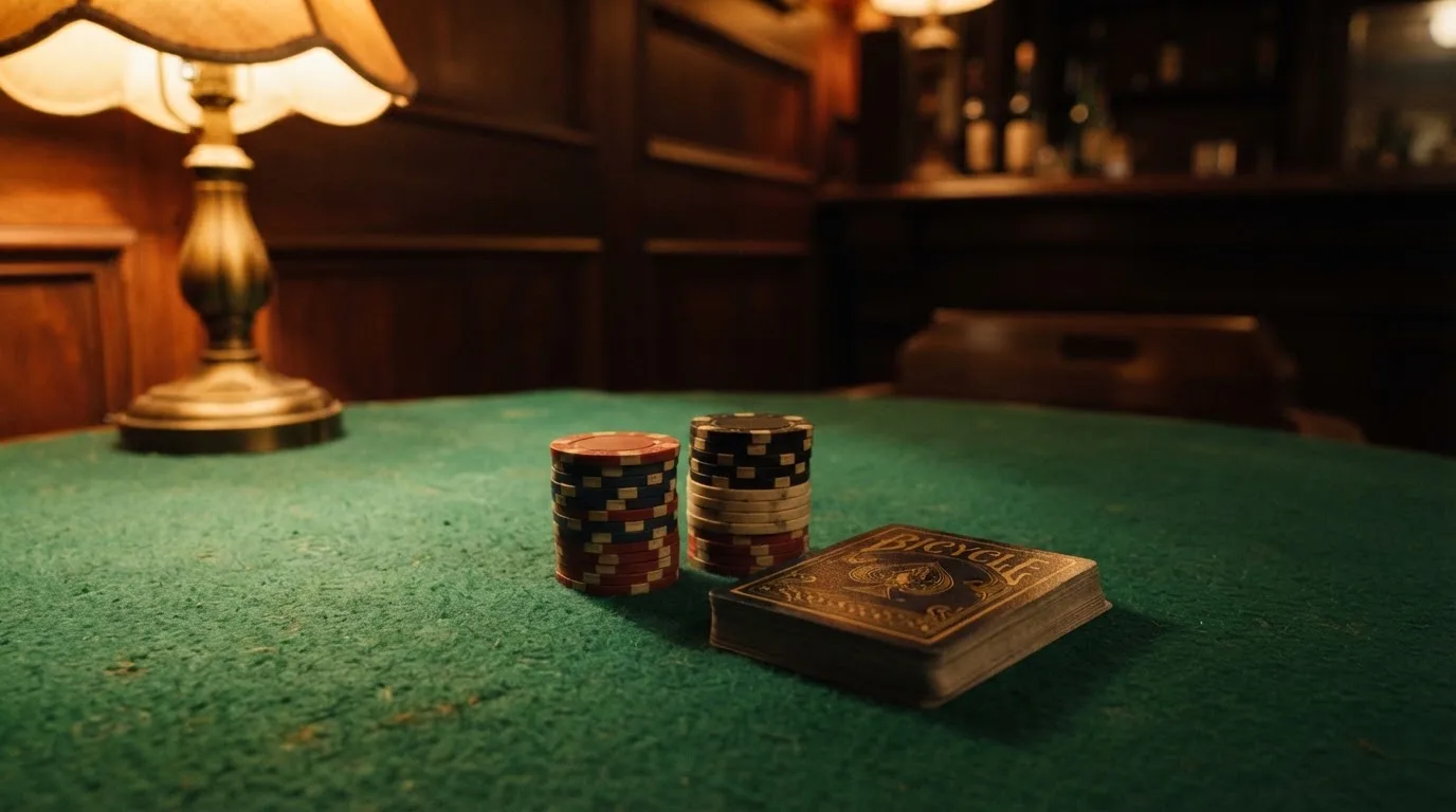 Kortlek och staplar av spelmarker på ett grönt filtbord i en dunkel salong, varmt lampsken — 10 euro casino i sverige