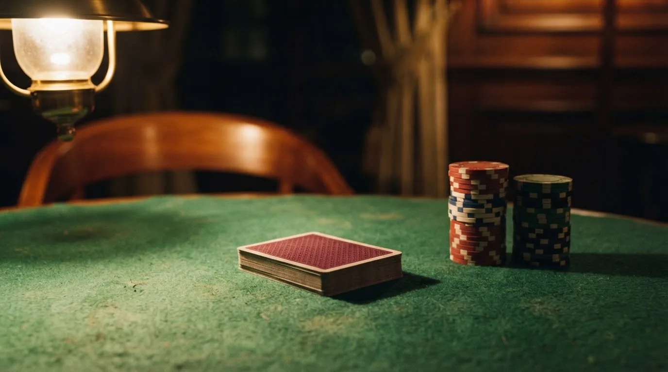 Kortlek och staplar av spelmarker på ett grönt filtbord i en dunkel salong, varmt lampsken — 10 free spins casino i sverige