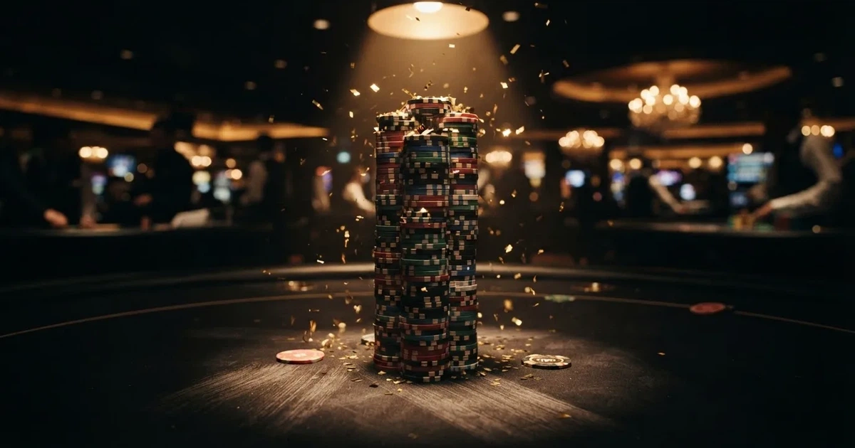 Guldkonfetti faller över spelmarker på ett svart bord, en ljuskägla träffar högens topp — 10 free spins casino i sverige