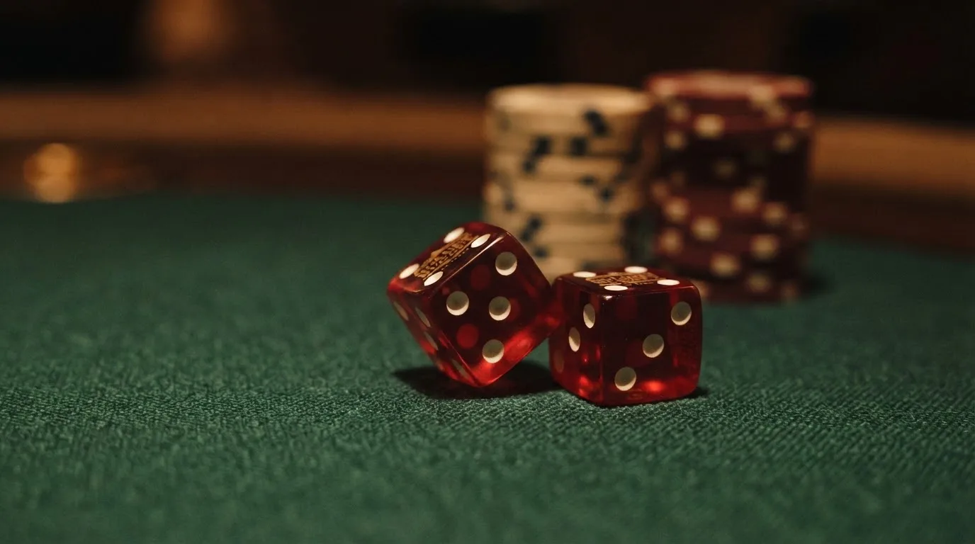 Röda tärningar vilar på grönt filt, bakom dem suddiga torn av spelmarker i kvällsdunklet — 10 kr casino i sverige