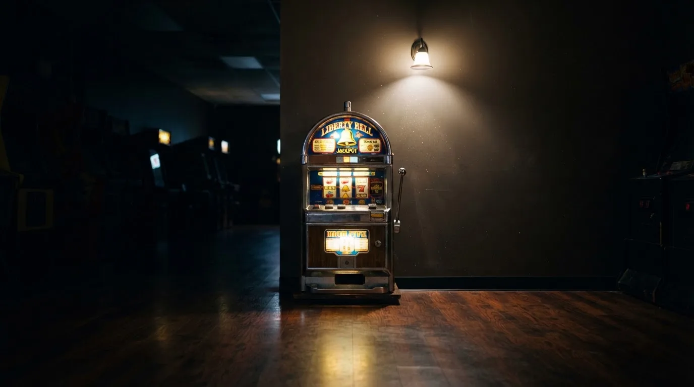 En gammal spelautomat lyser i den dunkla hallen och speglar sig i golvet — 100 free spins casino i sverige
