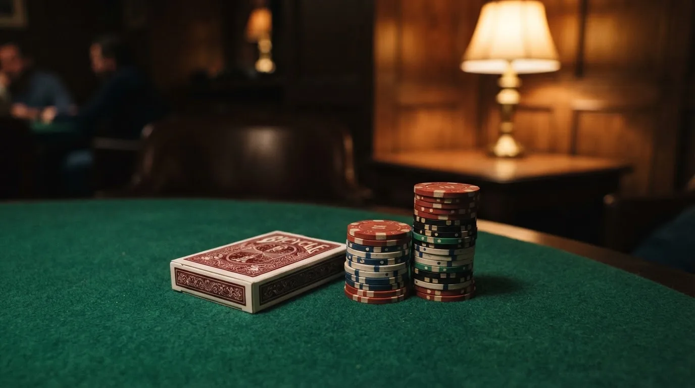 Kortlek och staplar av spelmarker på ett grönt filtbord i en dunkel salong, varmt lampsken — 150 free spins casino i sverige