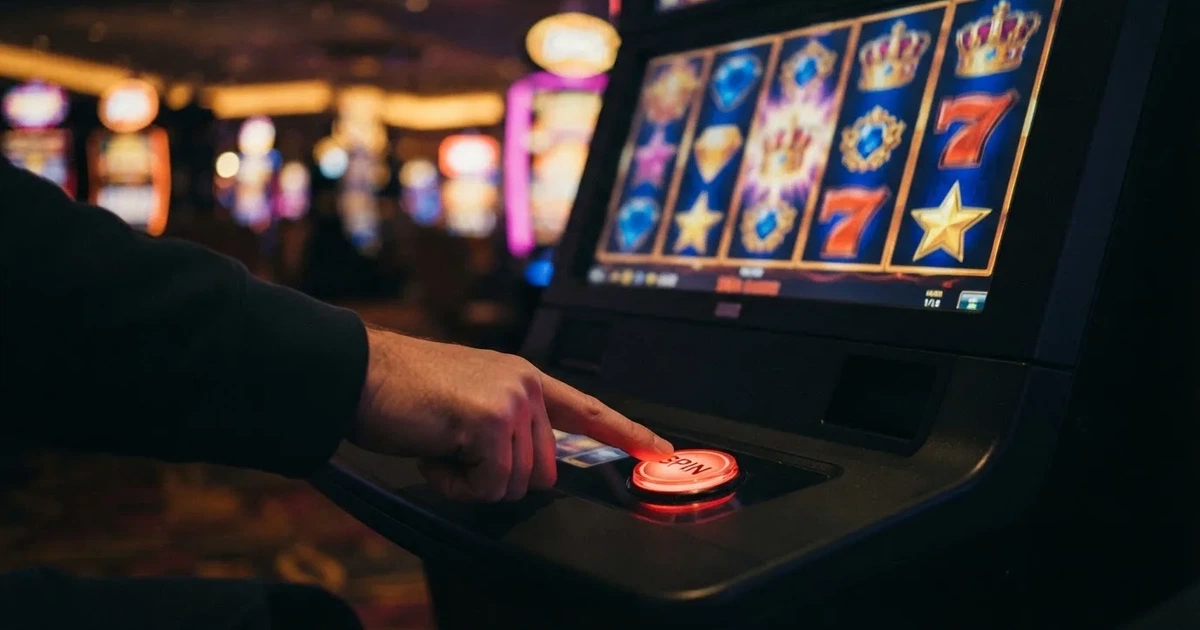 Ett finger trycker på spelautomatens klarröda knapp i dunklet, neonljus lyser runt omkring — 150 free spins casino i sverige
