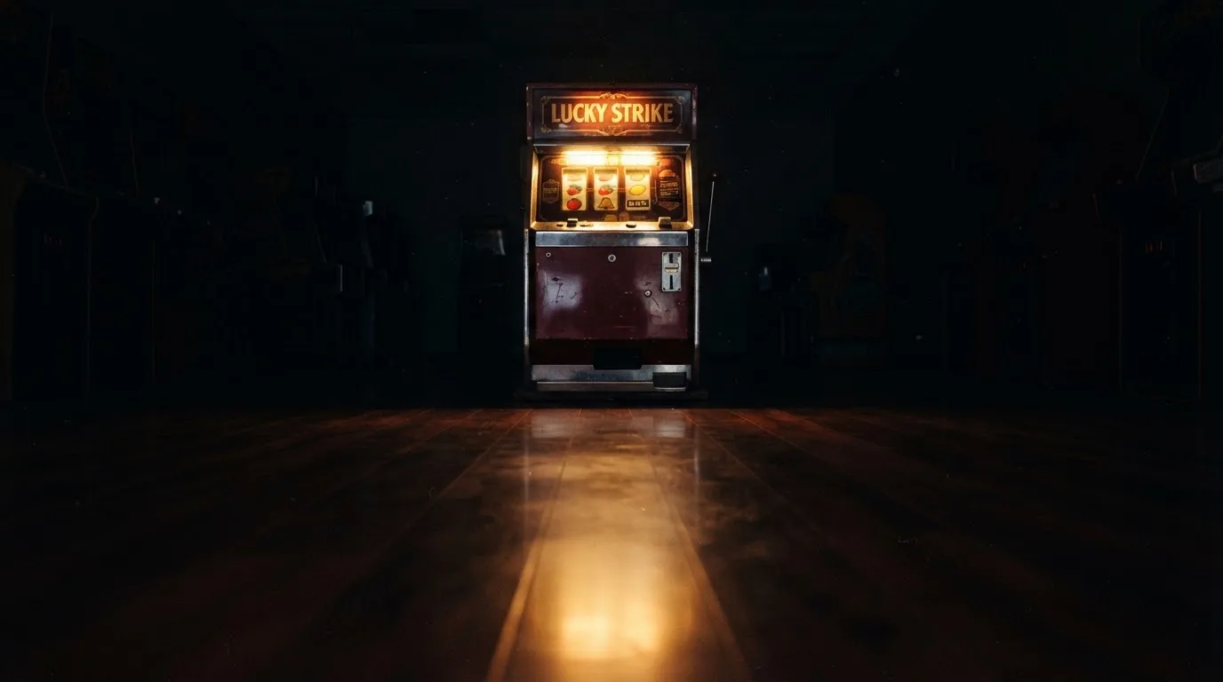 En gammal spelautomat lyser i den dunkla hallen och speglar sig i golvet — 150 kr casino i sverige