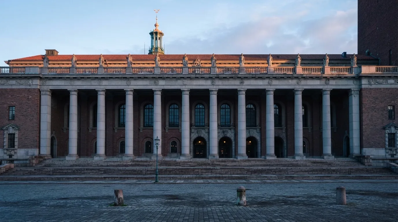 Stenfasad på en statlig byggnad i Stockholm vid gryning, höga pelare och ett tomt torg framför — 150 kr casino i sverige