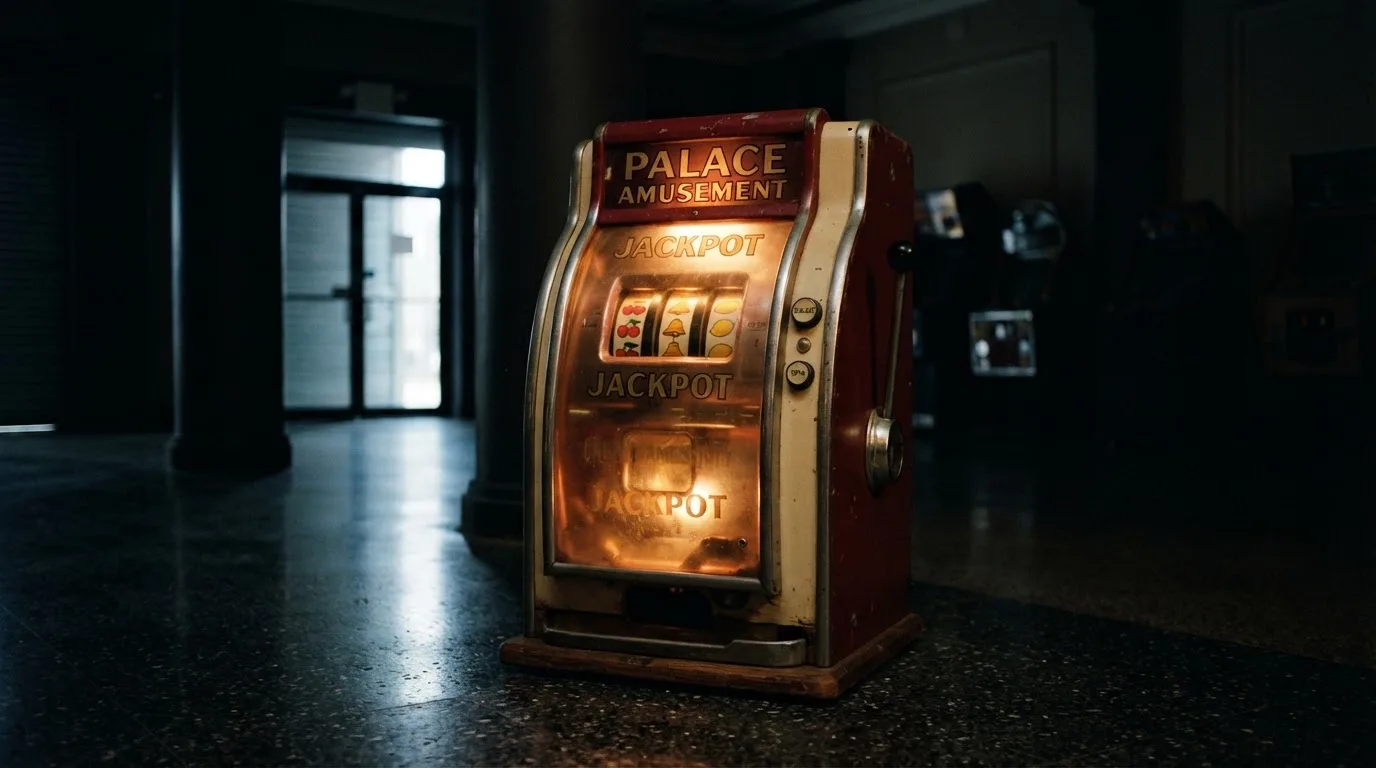 En gammal spelautomat lyser i den dunkla hallen och speglar sig i golvet — 20 euro casino i sverige