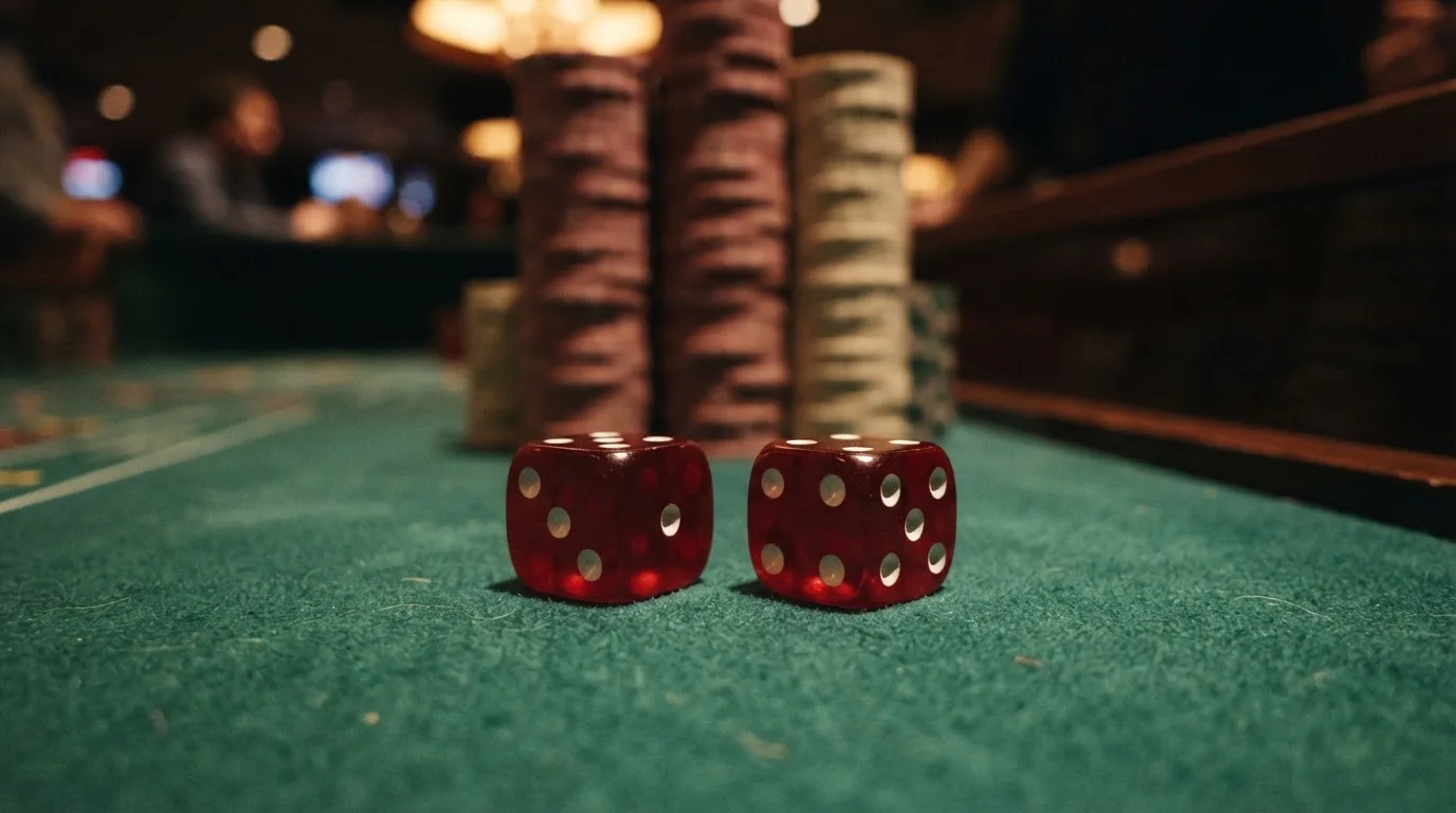 Röda tärningar vilar på grönt filt, bakom dem suddiga torn av spelmarker i kvällsdunklet — 20 free spins casino i sverige