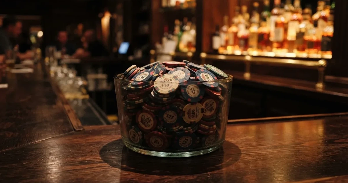 En glasskål full av färgglada spelmarker på en bardisk, flaskor glöder bakom i bärnstensfärg — 20 free spins casino i sverige