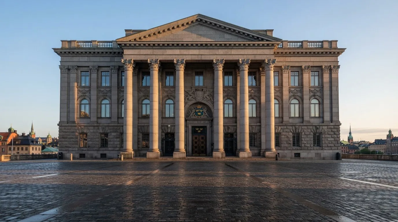 Stenfasad på en statlig byggnad i Stockholm vid gryning, höga pelare och ett tomt torg framför — 20 free spins casino i sverige