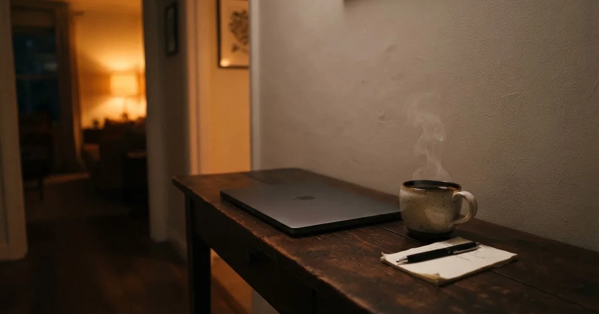 Kaffekopp och penna på ett smalt hallbord i skymning, en stängd bärbar dator vid sidan — 200 kr casino i sverige