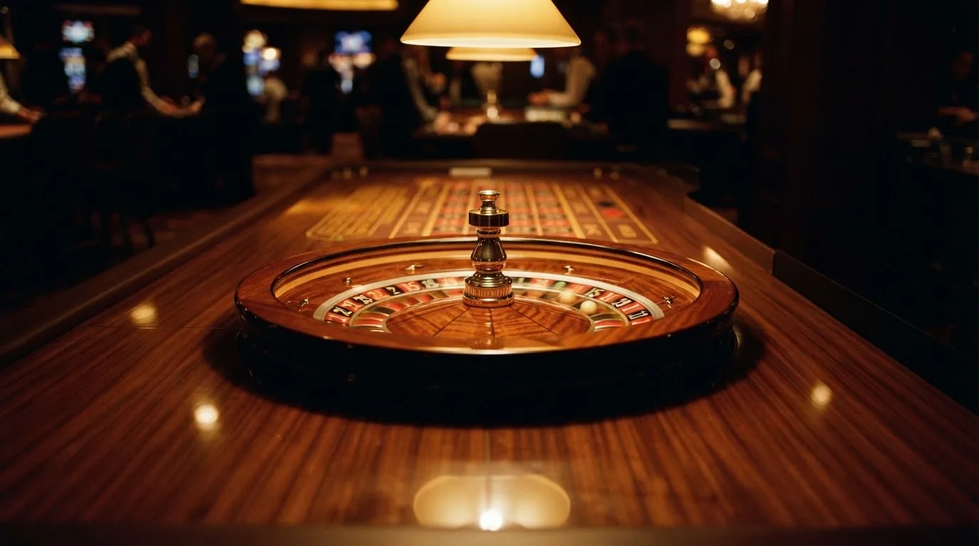 Ett roulettehjul snurrar på ett blankt träbord, den vita kulan glimmar i takljusets guld — 30 free spins casino i sverige