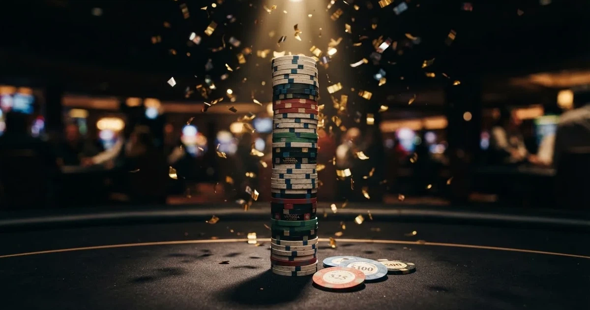 Guldkonfetti faller över spelmarker på ett svart bord, en ljuskägla träffar högens topp — 30 free spins casino i sverige