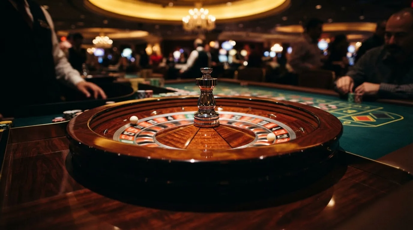 Ett roulettehjul snurrar på ett blankt träbord, den vita kulan glimmar i takljusets guld — 40 free spins casino i sverige