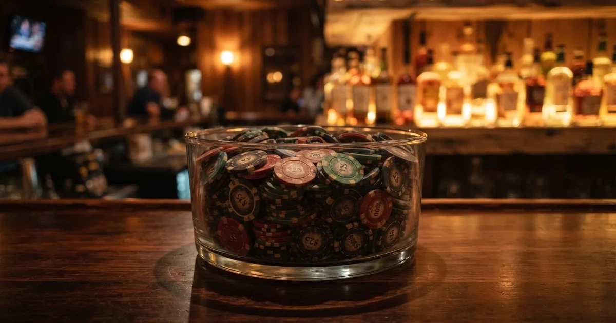 En glasskål full av färgglada spelmarker på en bardisk, flaskor glöder bakom i bärnstensfärg — 40 free spins casino i sverige