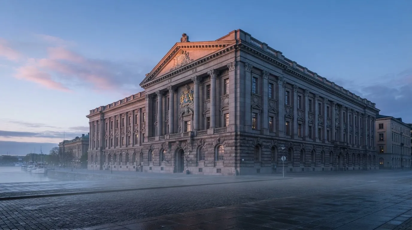 Stenfasad på en statlig byggnad i Stockholm vid gryning, höga pelare och ett tomt torg framför — 40 free spins casino i sverige