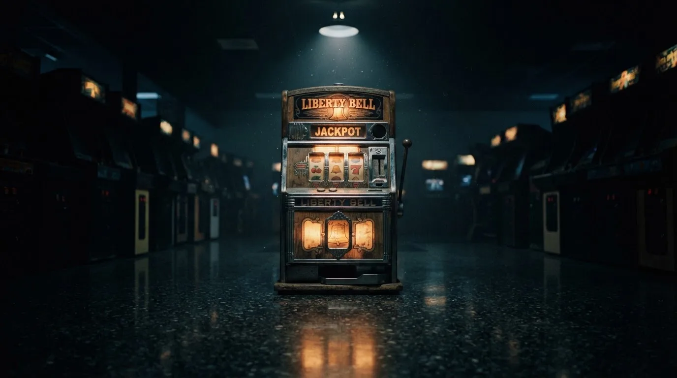 En gammal spelautomat lyser i den dunkla hallen och speglar sig i golvet — 5 euro casino i sverige