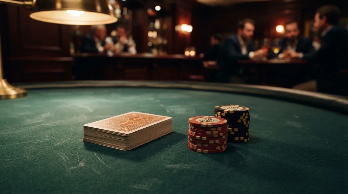 Kortlek och staplar av spelmarker på ett grönt filtbord i en dunkel salong, varmt lampsken — 50 euro casino i sverige