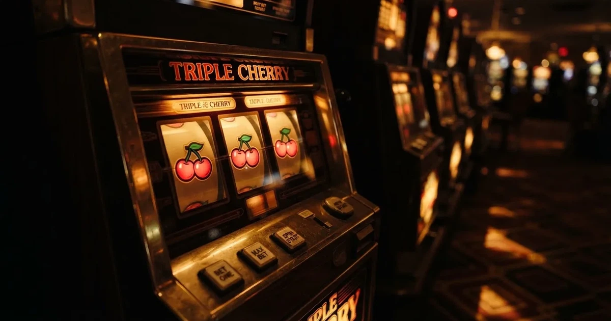 Rullarna på en spelautomat stannar i rad, klarröda körsbär lyser i den mörka spelhallen — 50 free spins casino i sverige