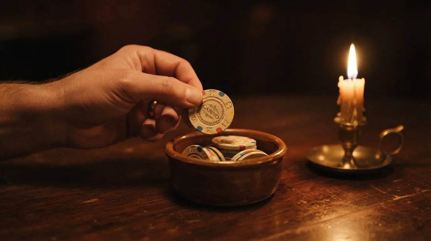 En hand lyfter en spelmark ur en skål, ljuslågan färgar bordet gyllenbrunt — 50 kr casino i sverige