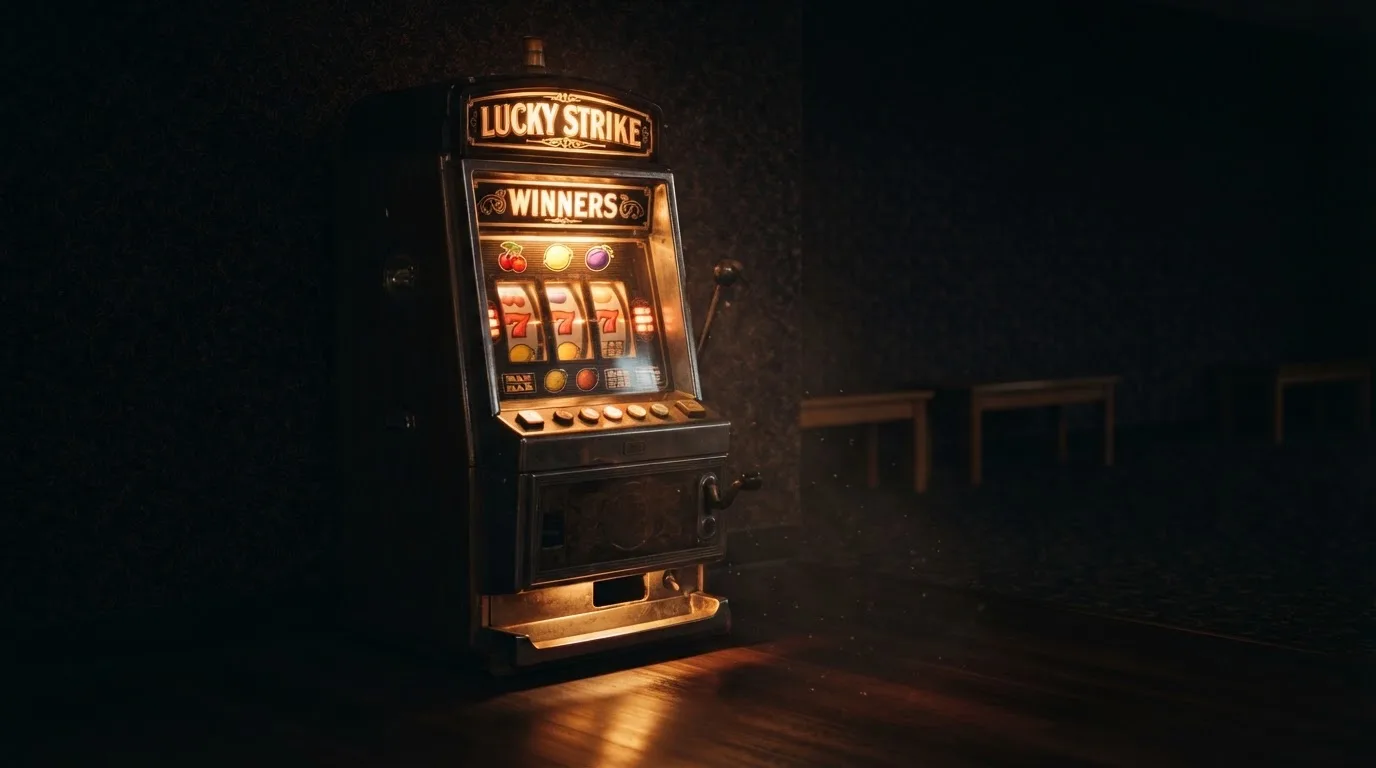 En gammal spelautomat lyser i den dunkla hallen och speglar sig i golvet — bästa kasino i sverige