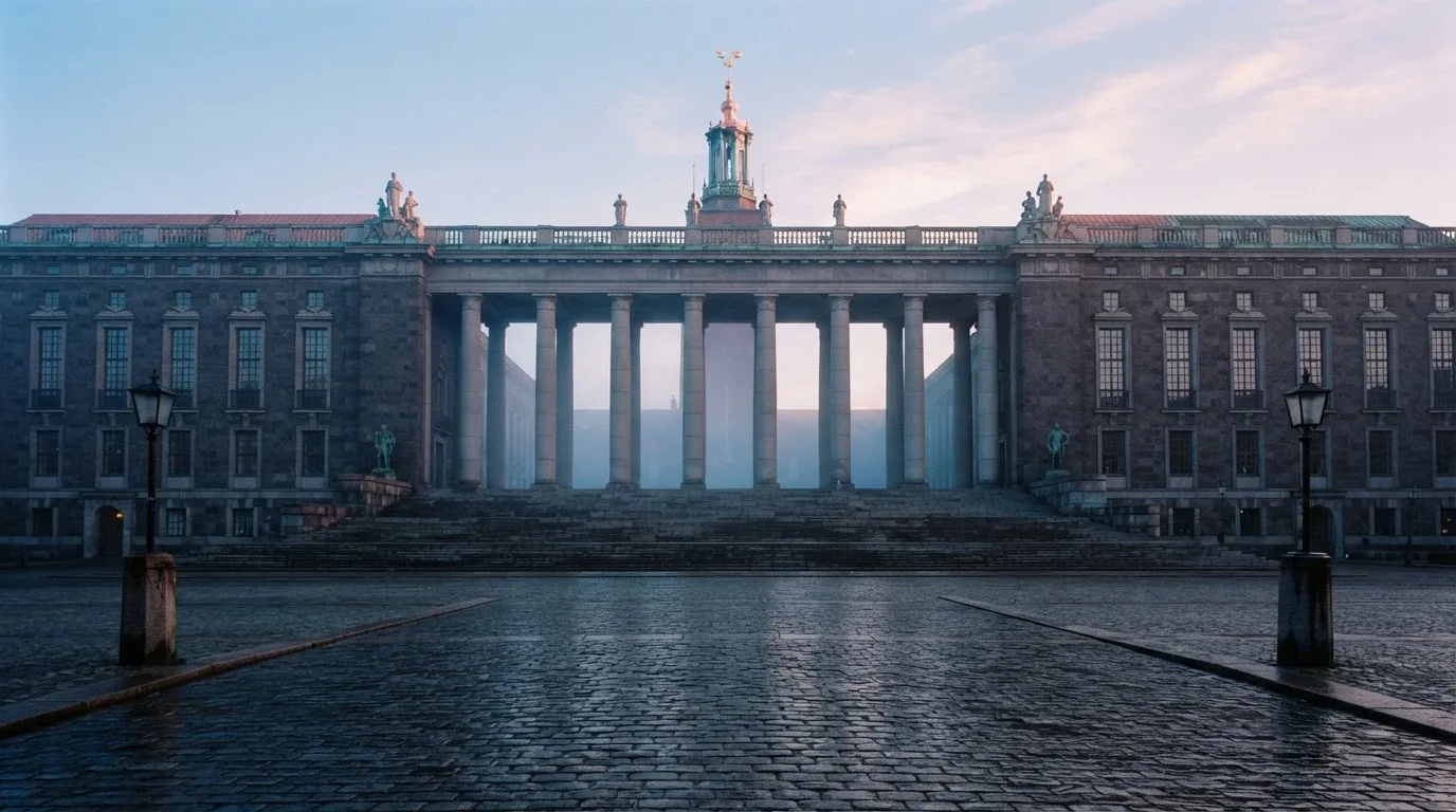 Stenfasad på en statlig byggnad i Stockholm vid gryning, höga pelare och ett tomt torg framför — bästa kasino i sverige