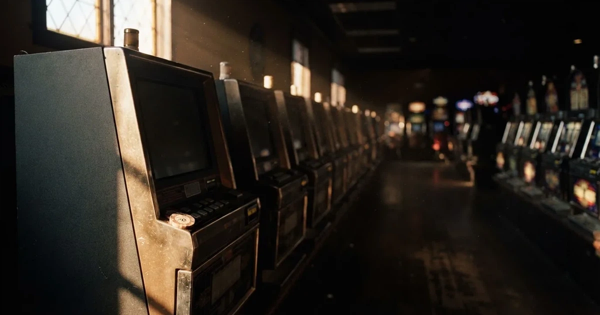 Rader av tomma spelautomater med släckta skärmar står uppställda i ett dimmat rum, fotograferat snett från sidan.