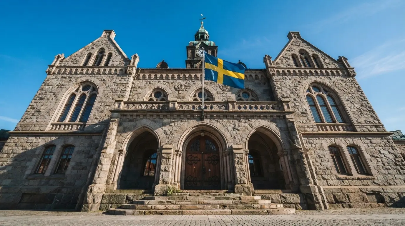 Ett gammalt stadshus i sten fotograferat underifrån mot en klarblå himmel, med den svenska flaggan som fladdrar ovanför entrén.
