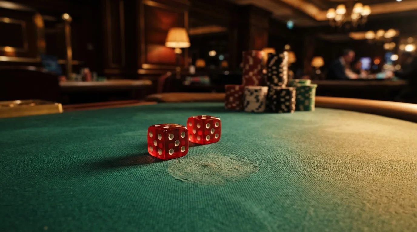 Röda tärningar vilar på grönt filt, bakom dem suddiga torn av spelmarker i kvällsdunklet — betala på casino i sverige