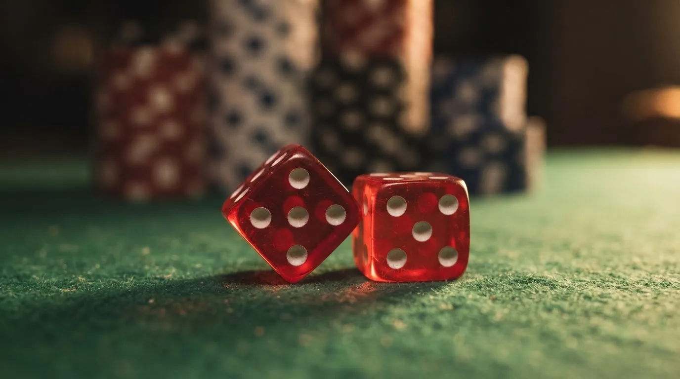 Röda tärningar vilar på grönt filt, bakom dem suddiga torn av spelmarker i kvällsdunklet — blackjack gratis i sverige