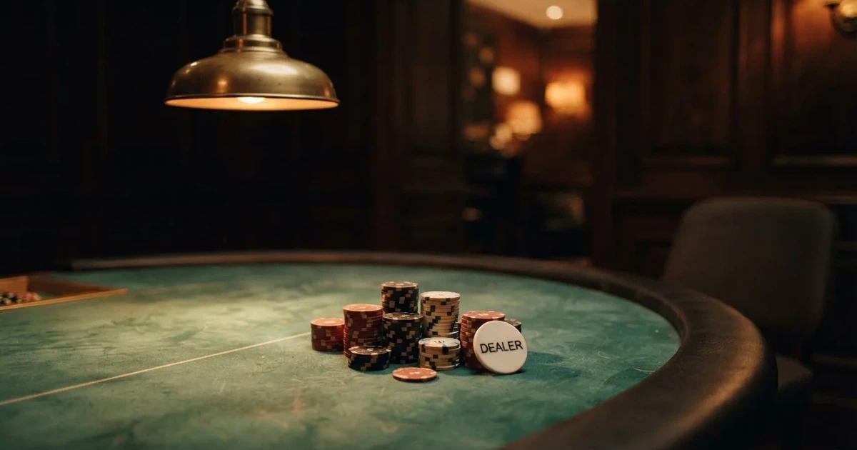 Ett ovalt pokerbord under en lågt hängande lampa, med spelmarker och en vit bricka i ljuset — blackjack med live dealer i sverige