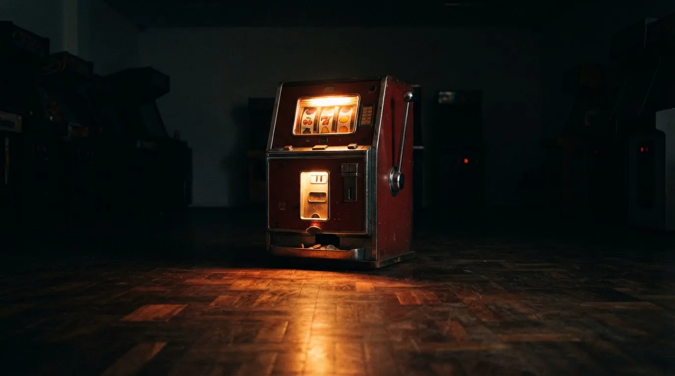 En gammal spelautomat lyser i den dunkla hallen och speglar sig i golvet — blackjack på nätet i sverige