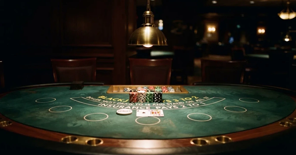 Ett ovalt pokerbord under en lågt hängande lampa, med spelmarker och en vit bricka i ljuset — blackjack på nätet i sverige