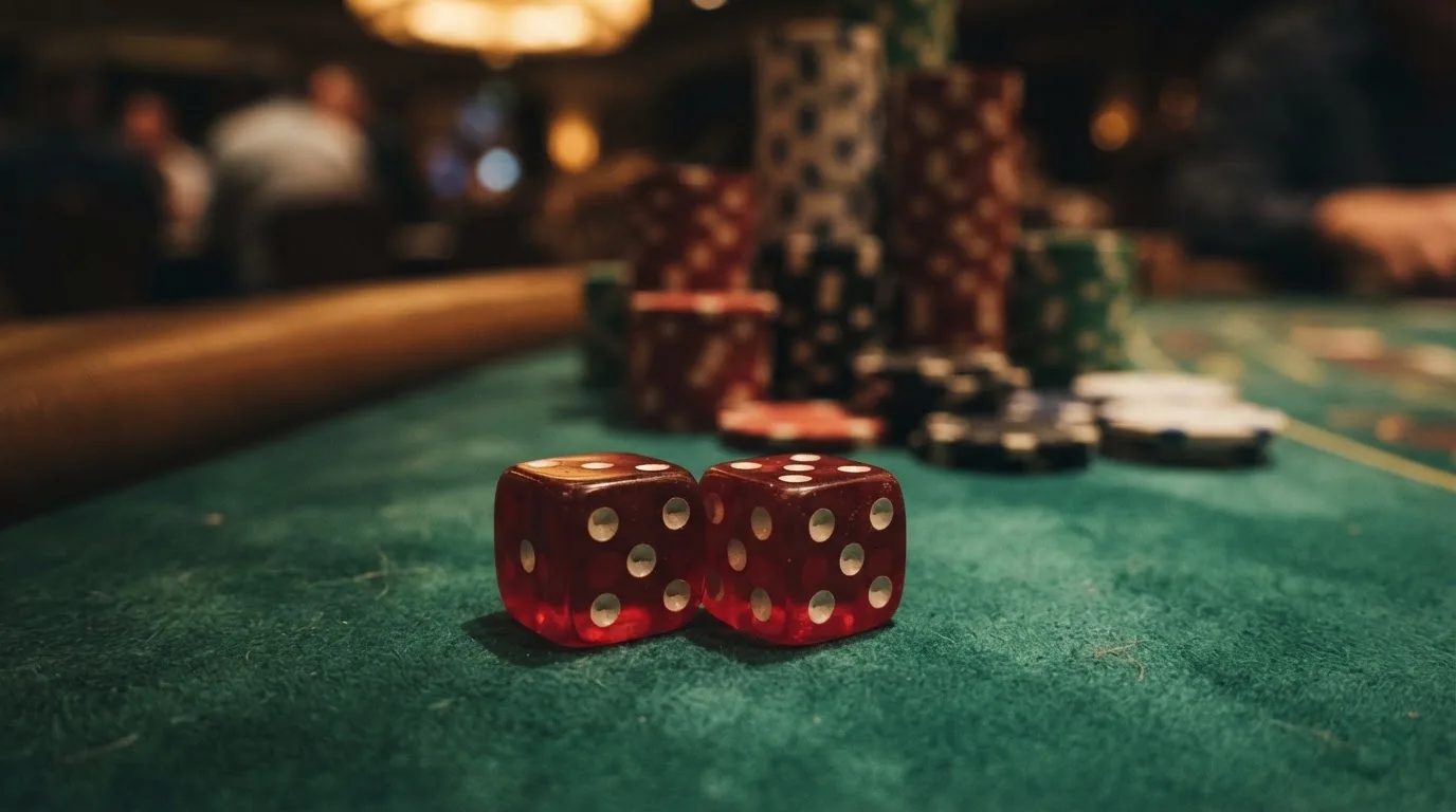 Röda tärningar vilar på grönt filt, bakom dem suddiga torn av spelmarker i kvällsdunklet — bra svenska casinon
