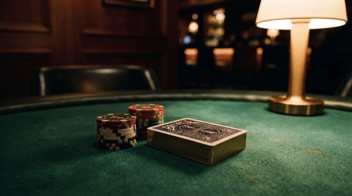 Kortlek och staplar av spelmarker på ett grönt filtbord i en dunkel salong, varmt lampsken — cashback på casino i sverige