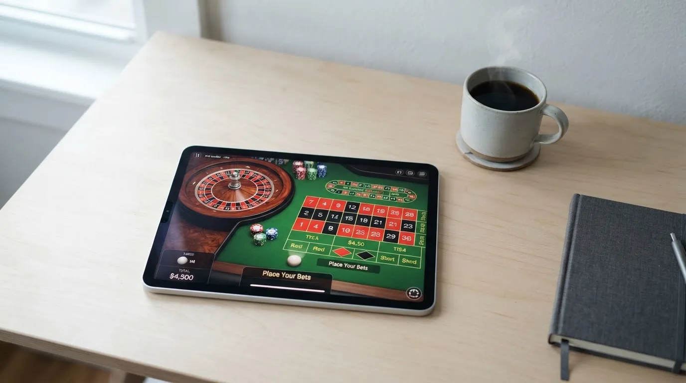 En person sitter vid ett skrivbord hemma med en surfplatta nedvänd bredvid en kopp kaffe i morgonljus.