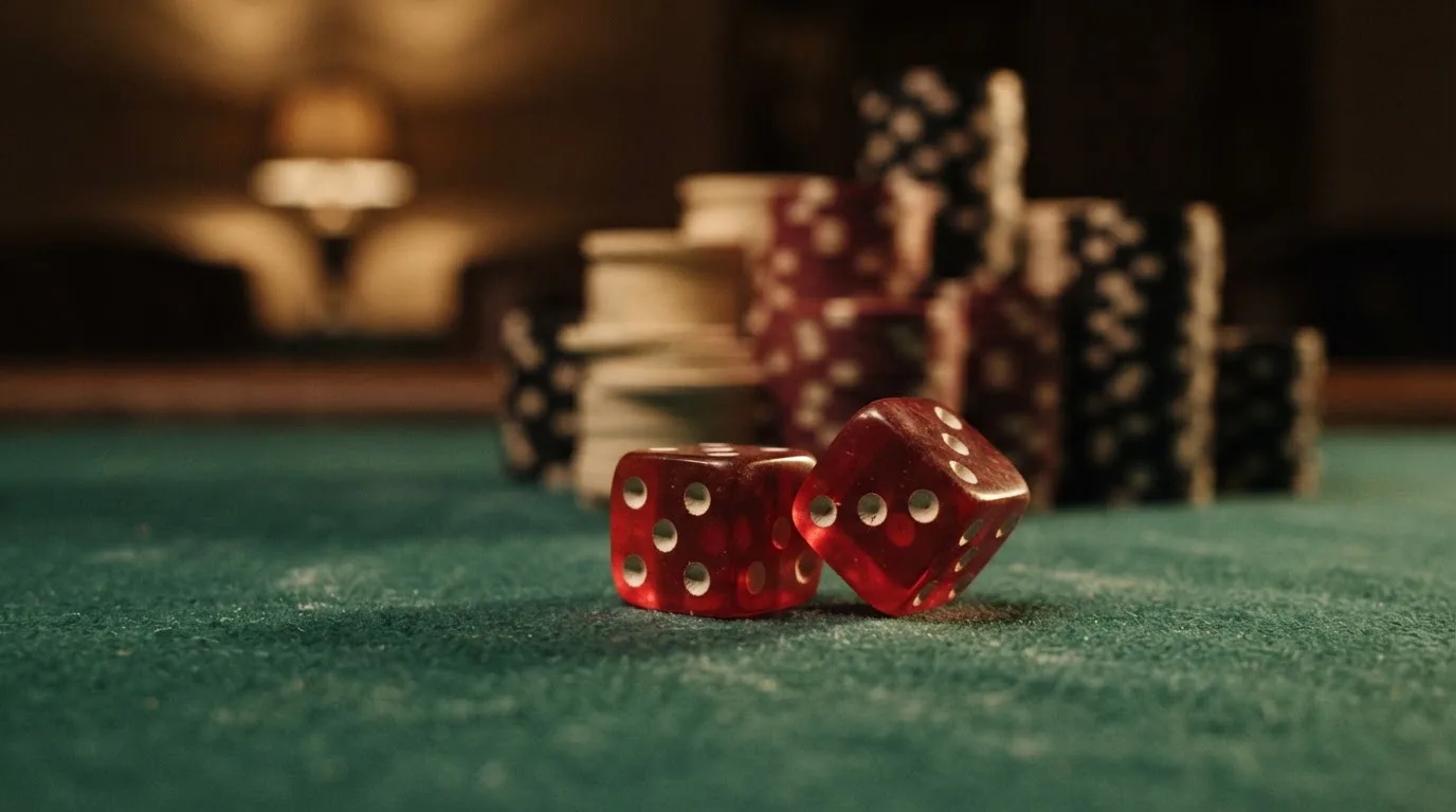 Röda tärningar vilar på grönt filt, bakom dem suddiga torn av spelmarker i kvällsdunklet — casino erbjudanden i sverige