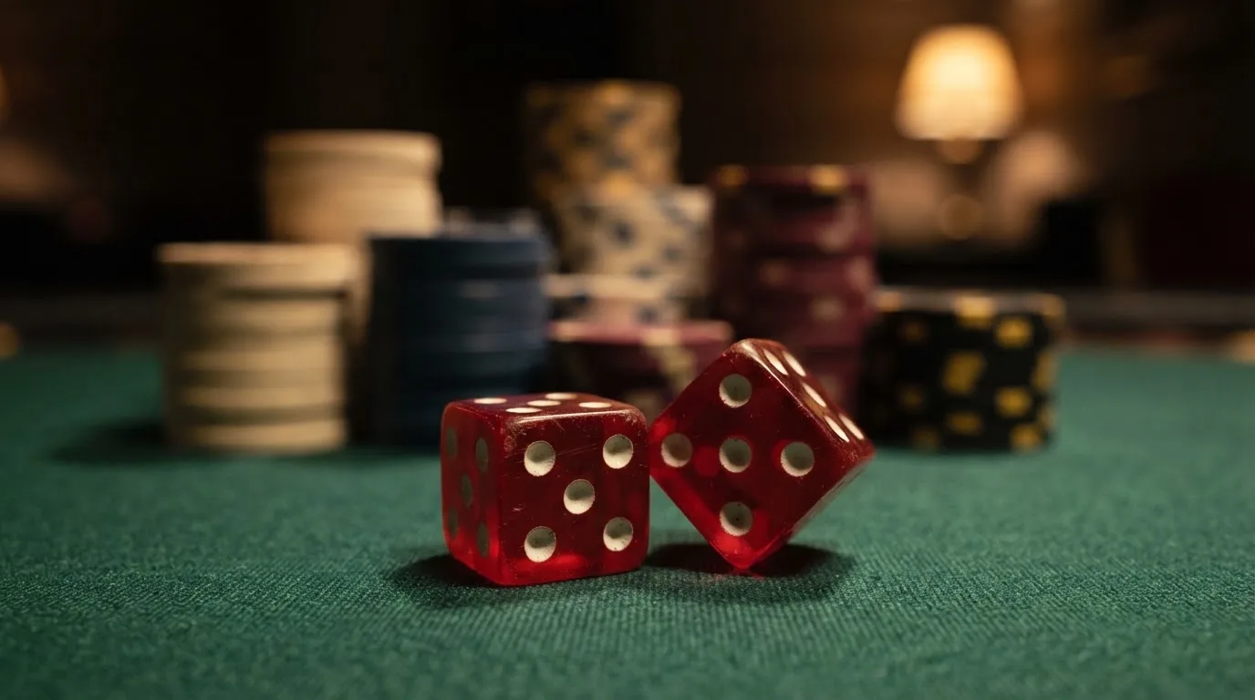 Röda tärningar vilar på grönt filt, bakom dem suddiga torn av spelmarker i kvällsdunklet — casino guider för svenskar