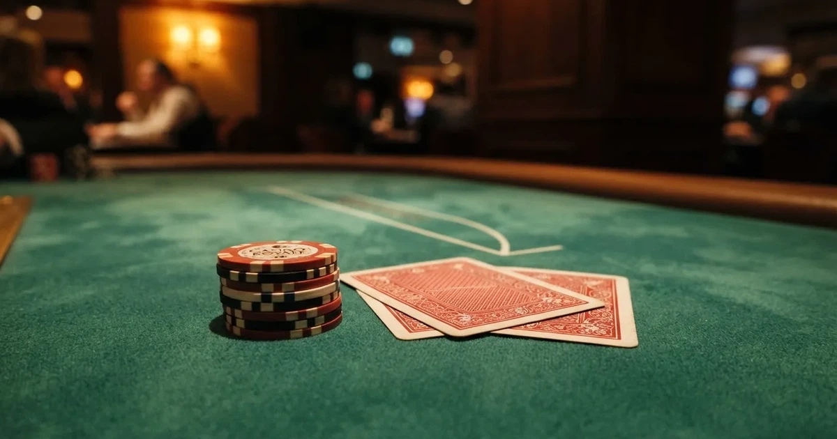 Kort delade med framsidan nedåt på grönt filt, marker väntar bredvid i varmt ljus — casino guider för svenskar