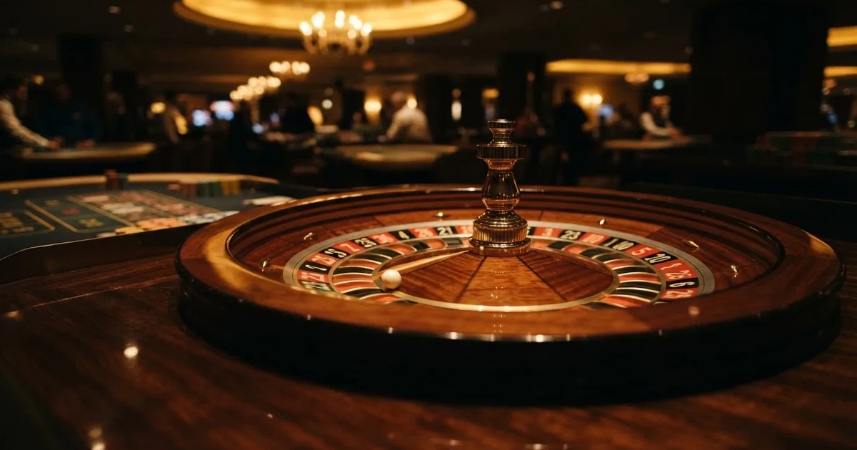 Ett roulettehjul snurrar på ett blankt träbord, den vita kulan glimmar i takljusets guld — casinon för riktiga pengar
