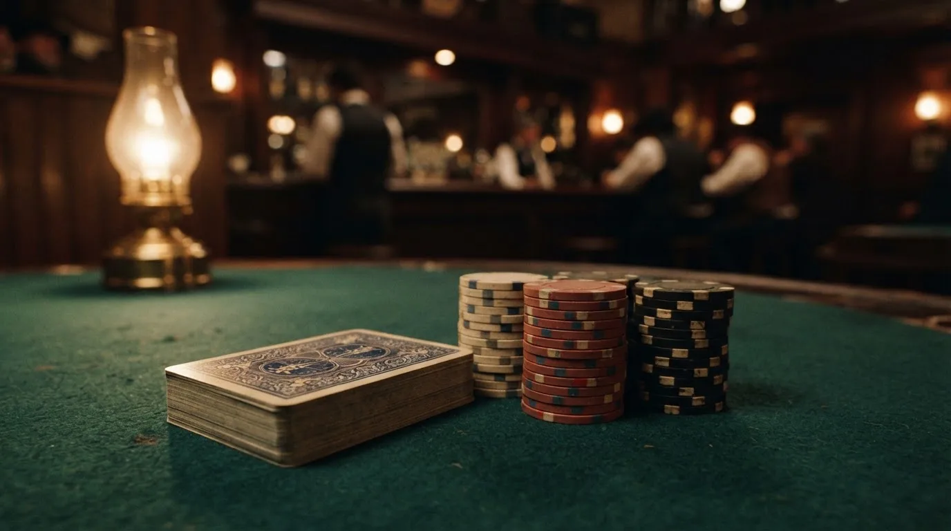 Kortlek och staplar av spelmarker på ett grönt filtbord i en dunkel salong, varmt lampsken — casinon med baccarat i sverige
