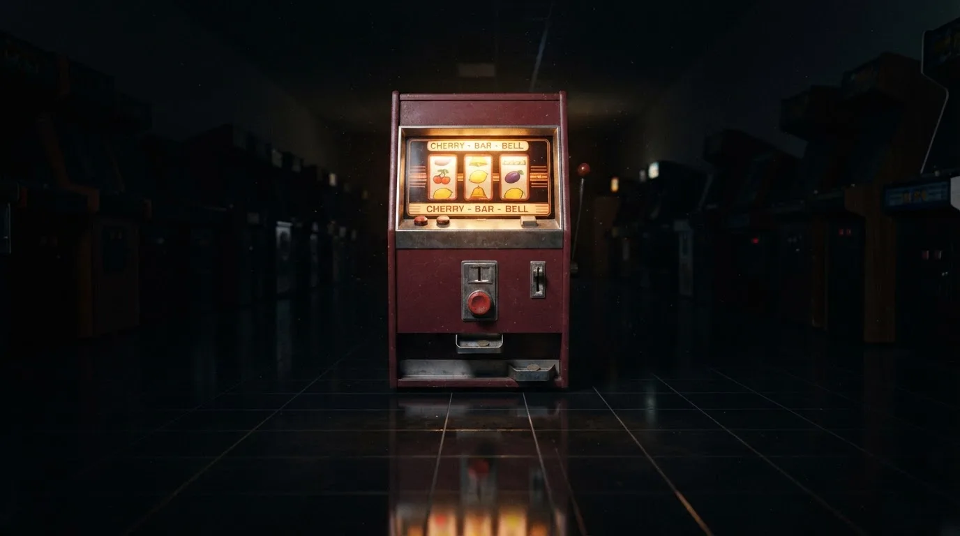 En gammal spelautomat lyser i den dunkla hallen och speglar sig i golvet — casinon med bankid i sverige