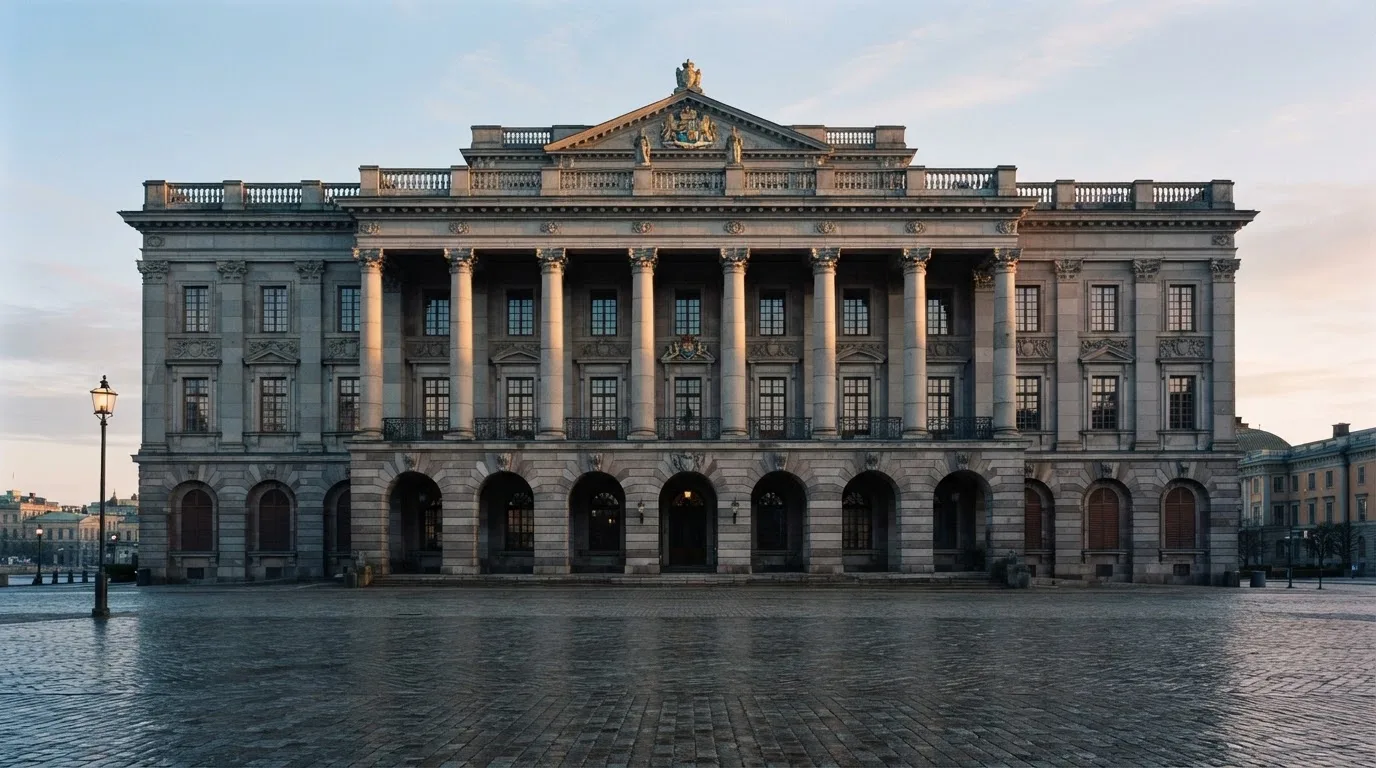 Stenfasad på en statlig byggnad i Stockholm vid gryning, höga pelare och ett tomt torg framför — casinon med bankid i sverige