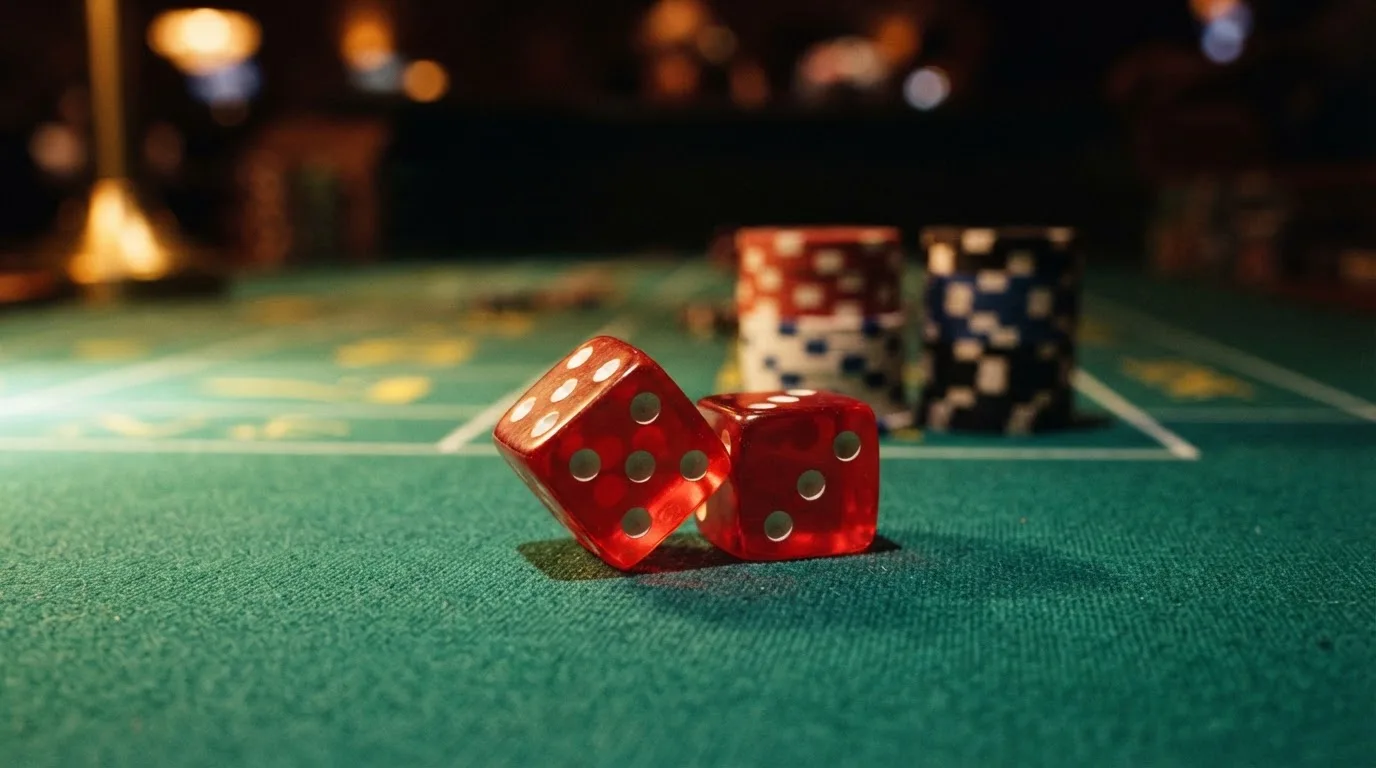 Röda tärningar vilar på grönt filt, bakom dem suddiga torn av spelmarker i kvällsdunklet — casinon med bingo i sverige