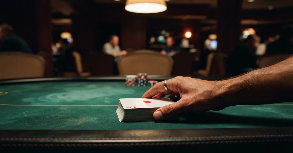 Croupierens händer blandar kort på grönt filt, taklampan speglas i den blanka kortbunten — casinon med bingo i sverige