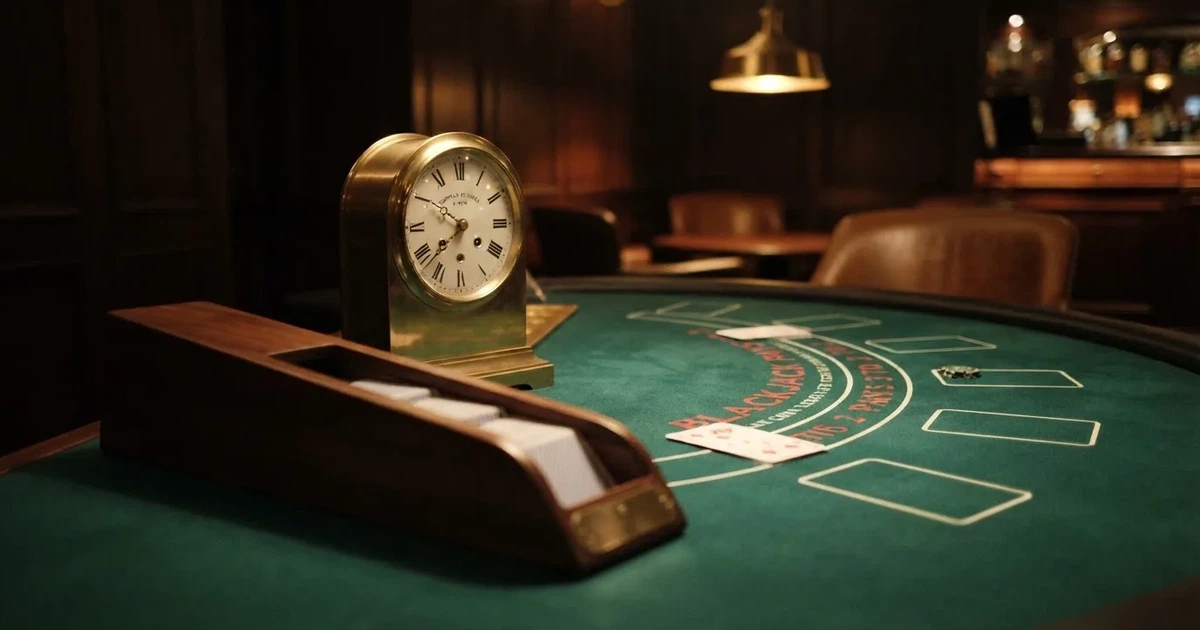 Grönt filt och en lång kortlåda av trä vid bordskanten, bredvid en blank mässingsklocka — casinon med blackjack i sverige