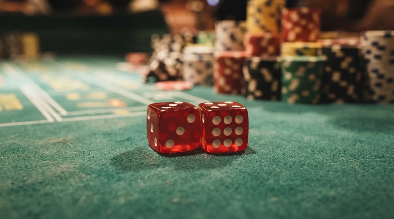 Röda tärningar vilar på grönt filt, bakom dem suddiga torn av spelmarker i kvällsdunklet — casinon med craps i sverige