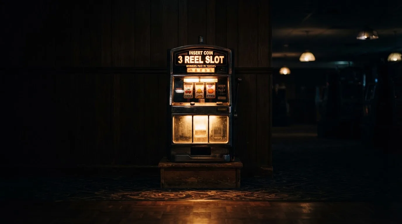 En gammal spelautomat lyser i den dunkla hallen och speglar sig i golvet — casinon med curaçao licens