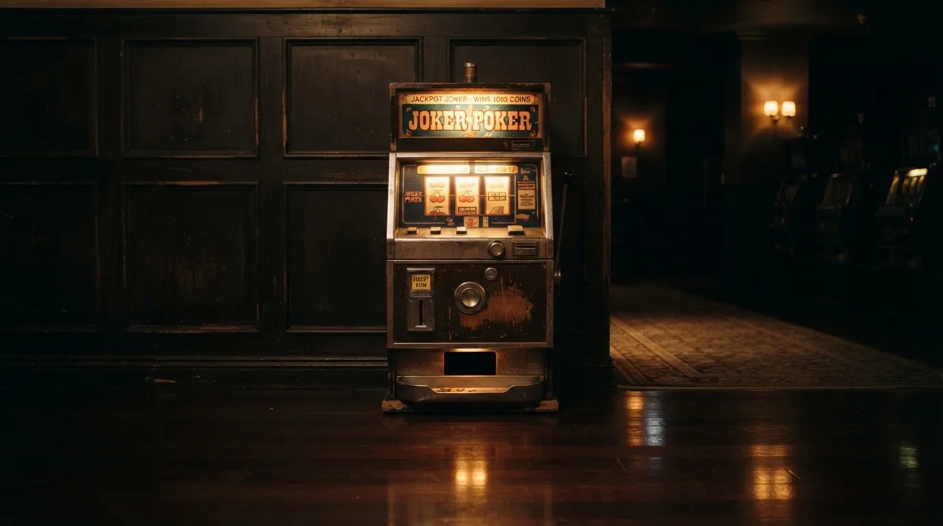 En gammal spelautomat lyser i den dunkla hallen och speglar sig i golvet — casinon med gratis spins i sverige