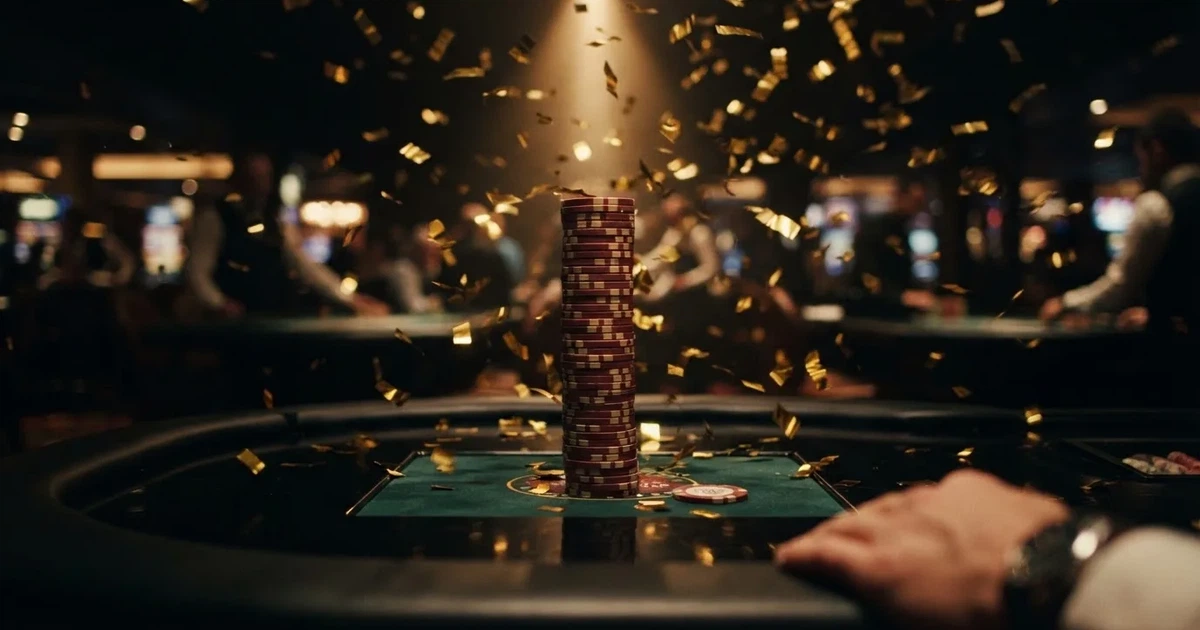 Guldkonfetti faller över spelmarker på ett svart bord, en ljuskägla träffar högens topp — casinon med gratis spins i sverige