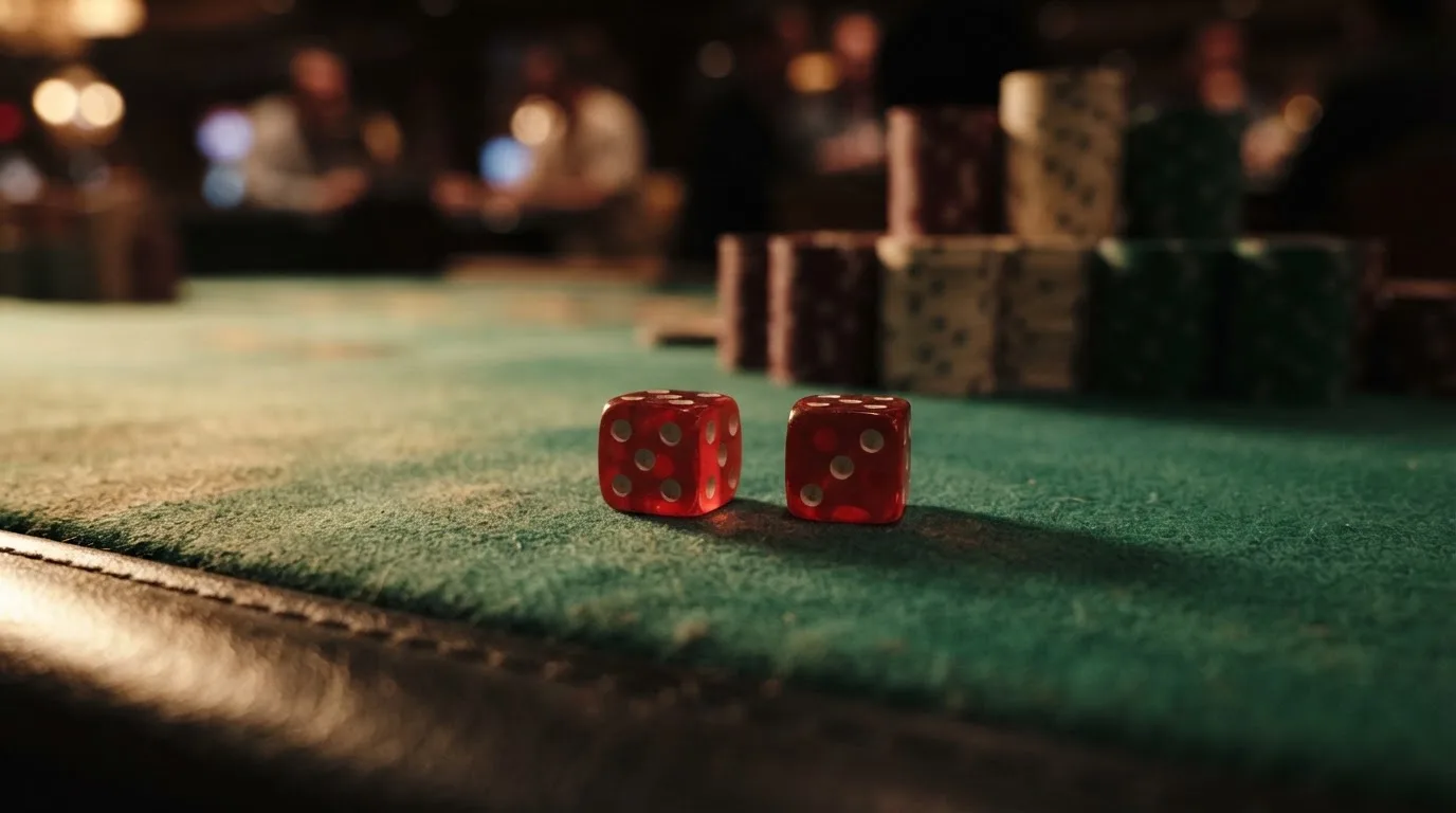 Röda tärningar vilar på grönt filt, bakom dem suddiga torn av spelmarker i kvällsdunklet — casinon med jackpot i sverige